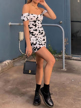 Slim-fit Cow Print Square Neck Dress - Mini Dresses - INS | Online Fashion Free Shipping Clothing, Dresses, Tops, Shoes - 14/05/2021 - 140521 - Color_White