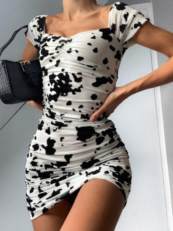 Slim-fit Cow Print Square Neck Dress - Mini Dresses - INS | Online Fashion Free Shipping Clothing, Dresses, Tops, Shoes - 14/05/2021 - 140521 - Color_White