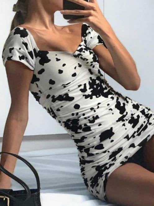 Slim-fit Cow Print Square Neck Dress - Mini Dresses - INS | Online Fashion Free Shipping Clothing, Dresses, Tops, Shoes - 14/05/2021 - 140521 - Color_White