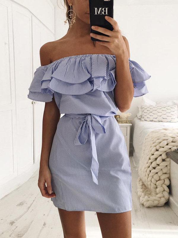 Slim-fit Lace-up Dress With Ruffled Stripes - Mini Dresses - INS | Online Fashion Free Shipping Clothing, Dresses, Tops, Shoes - 21/07/2021 - color-blue - color-gray