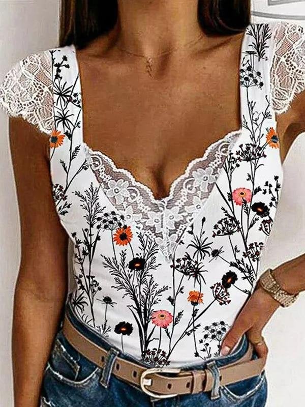 Slim-fit Lace V-neck Printed Short-sleeved Top - T-Shirts - INS | Online Fashion Free Shipping Clothing, Dresses, Tops, Shoes - 31/05/2021 - Color_White - LXQ