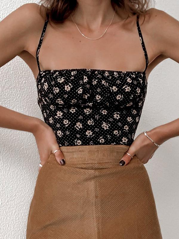 Slim Halter Floral Sling Crop Tank Top - Tank Tops - INS | Online Fashion Free Shipping Clothing, Dresses, Tops, Shoes - 10-20 - 24/06/2021 - color-black