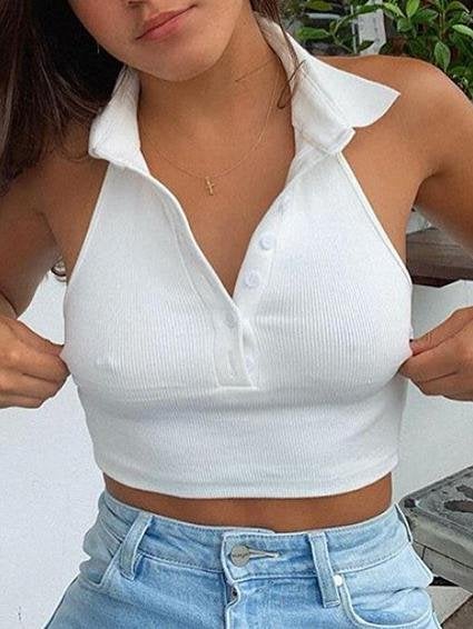 Slim Halter Lapel V-neck Crop Tank Top - Tank Tops - INS | Online Fashion Free Shipping Clothing, Dresses, Tops, Shoes - 10-20 - 24/06/2021 - color-black