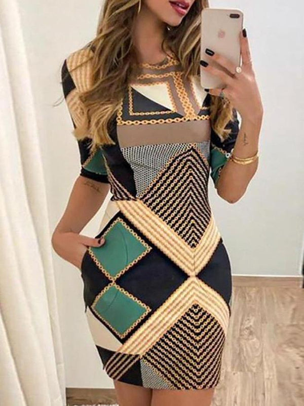 Slim Pocket Printed Mid-sleeved Dress - Mini Dresses - INS | Online Fashion Free Shipping Clothing, Dresses, Tops, Shoes - 09/06/2021 - Color_Black - DRE2106090242