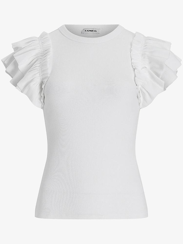 Slim Ribbed Ruffle Sleeve T-Shirt - T-Shirts - INS | Online Fashion Free Shipping Clothing, Dresses, Tops, Shoes - 14/04/2021 - Color_Cloud Cream - Color_White