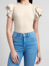 Slim Ribbed Ruffle Sleeve T-Shirt - T-Shirts - INS | Online Fashion Free Shipping Clothing, Dresses, Tops, Shoes - 14/04/2021 - Color_Cloud Cream - Color_White