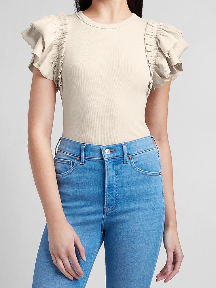 Slim Ribbed Ruffle Sleeve T-Shirt - T-Shirts - INS | Online Fashion Free Shipping Clothing, Dresses, Tops, Shoes - 14/04/2021 - Color_Cloud Cream - Color_White