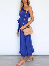 Slim Ruffle Trim Long Dress With Belt - Maxi Dresses - INS | Online Fashion Free Shipping Clothing, Dresses, Tops, Shoes - 22/06/2021 - 30-40 - color-blue