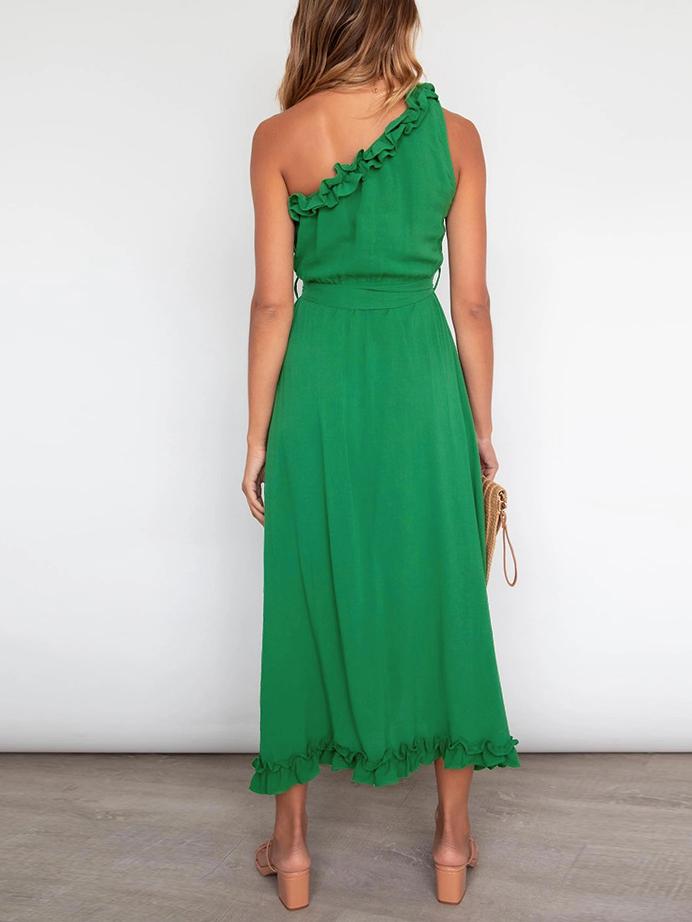 Slim Ruffle Trim Long Dress With Belt - Maxi Dresses - INS | Online Fashion Free Shipping Clothing, Dresses, Tops, Shoes - 22/06/2021 - 30-40 - color-blue