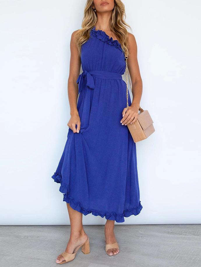 Slim Ruffle Trim Long Dress With Belt - Maxi Dresses - INS | Online Fashion Free Shipping Clothing, Dresses, Tops, Shoes - 22/06/2021 - 30-40 - color-blue