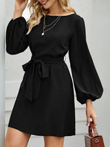 Slim Waist Puff Sleeve Ladies Dress With Belt - Midi Dresses - INS | Online Fashion Free Shipping Clothing, Dresses, Tops, Shoes - 07/04/2021 - Black - Color_Black