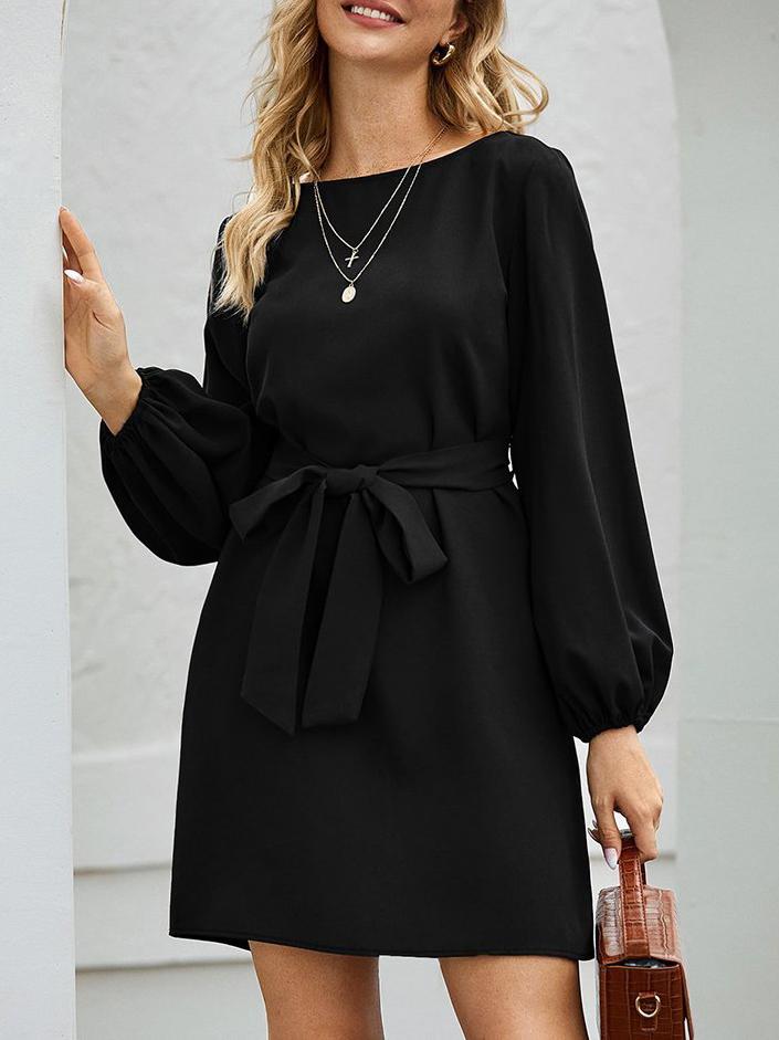 Slim Waist Puff Sleeve Ladies Dress With Belt - Midi Dresses - INS | Online Fashion Free Shipping Clothing, Dresses, Tops, Shoes - 07/04/2021 - Black - Color_Black