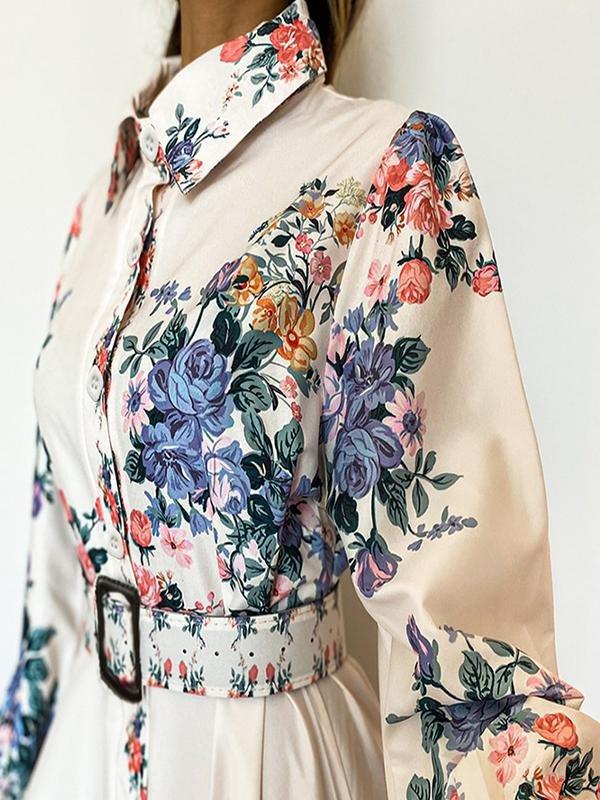 Slimming Floral Printed Lapel Long Sleeves Dresses - Maxi Dresses - INS | Online Fashion Free Shipping Clothing, Dresses, Tops, Shoes - 21/06/2021 - 40-50 - color-white