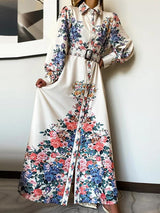 Slimming Floral Printed Lapel Long Sleeves Dresses - Maxi Dresses - INS | Online Fashion Free Shipping Clothing, Dresses, Tops, Shoes - 21/06/2021 - 40-50 - color-white