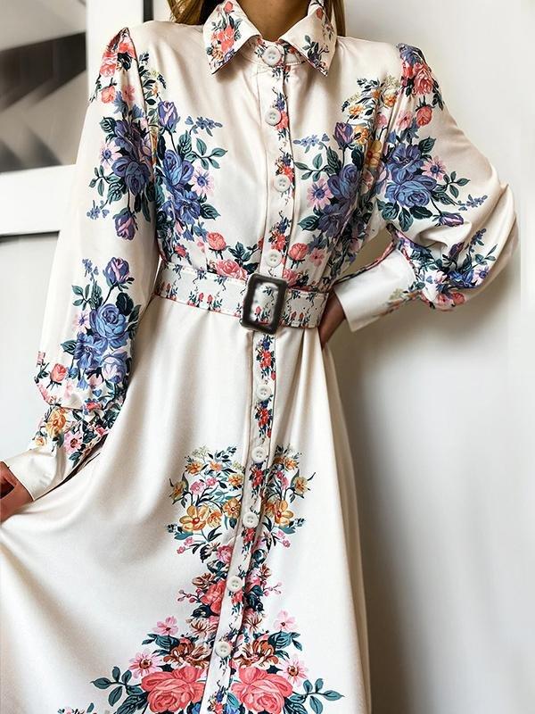 Slimming Floral Printed Lapel Long Sleeves Dresses - Maxi Dresses - INS | Online Fashion Free Shipping Clothing, Dresses, Tops, Shoes - 21/06/2021 - 40-50 - color-white