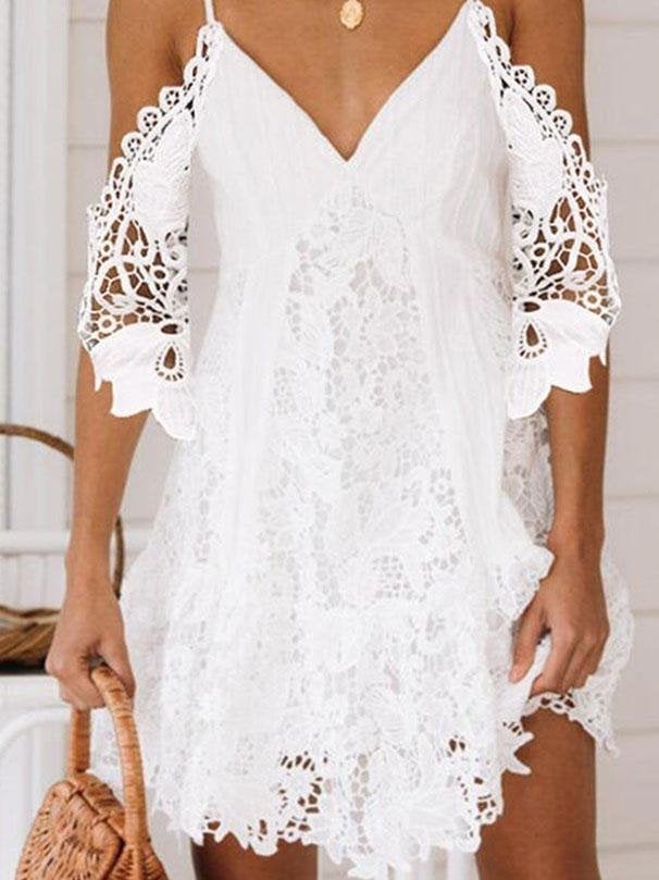 Sling Hollow Chiffon Lace Dress - Mini Dresses - INS | Online Fashion Free Shipping Clothing, Dresses, Tops, Shoes - 05/06/2021 - Category_Mini Dresses - Color_White