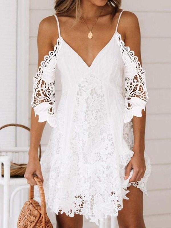 Sling Hollow Chiffon Lace Dress - Mini Dresses - INS | Online Fashion Free Shipping Clothing, Dresses, Tops, Shoes - 05/06/2021 - Category_Mini Dresses - Color_White