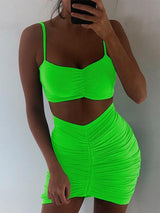 Sling Pleated Wrapped Chest Drawstring Two Piece Set - Mini Dresses - INS | Online Fashion Free Shipping Clothing, Dresses, Tops, Shoes - 13/04/2021 - Color_Black - Color_Fluorescent Green