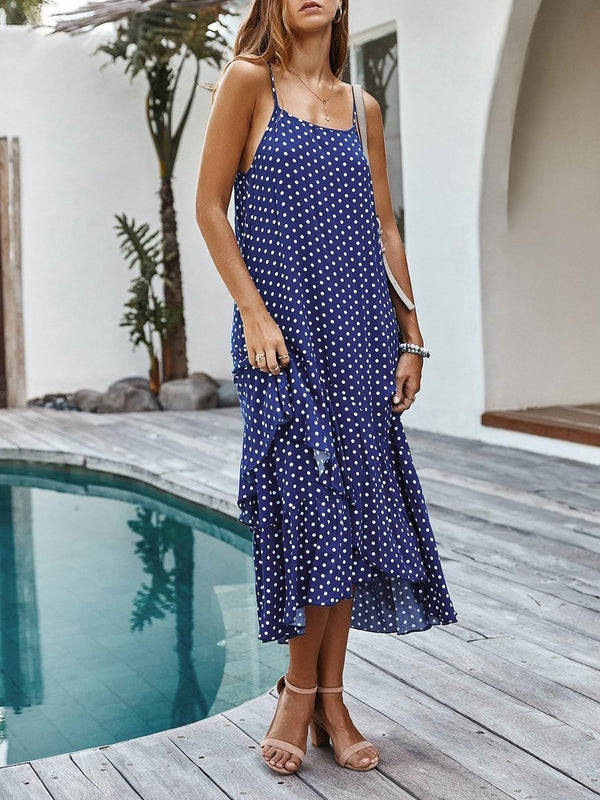 Sling Polka Dot Ruffle Layer Hem Maxi Suspender Dress - Maxi Dresses - INS | Online Fashion Free Shipping Clothing, Dresses, Tops, Shoes - 04/12/2021 - chiffon-dress - Color_Blue