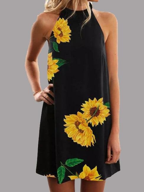 Sling Sweet Sunflower Print Dress - Mini Dresses - INS | Online Fashion Free Shipping Clothing, Dresses, Tops, Shoes - 10/06/2021 - Category_Mini Dresses - Color_Black