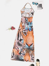 Slit 3D Tiger Print Criss Cross Long Cami Dress - INS | Online Fashion Free Shipping Clothing, Dresses, Tops, Shoes