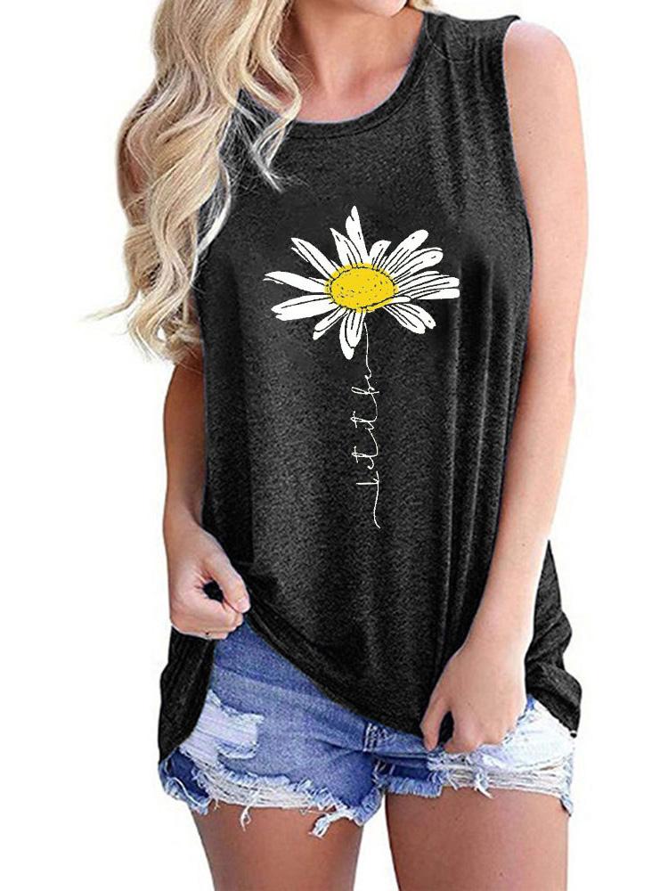 Small Daisy Letter Print Round Neck Sleeveless T-shirt - T-Shirts - INS | Online Fashion Free Shipping Clothing, Dresses, Tops, Shoes - 14/05/2021 - 140521 - Category_T-Shirts