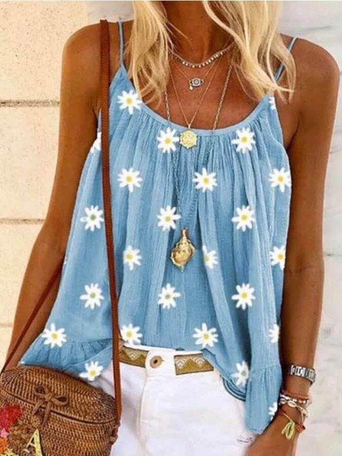 Small Daisy Print Sleeveless Tank Tops - Tanks Tops - INS | Online Fashion Free Shipping Clothing, Dresses, Tops, Shoes - 10-20 - 30/07/2021 - Category_Tank Tops