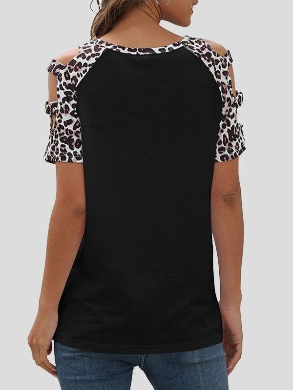 Small Daisy Print Stitching Leopard Print Hollow Short Sleeve T-Shirt - T-Shirts - INS | Online Fashion Free Shipping Clothing, Dresses, Tops, Shoes - 03/07/2021 - 10-20 - Category_T-Shirts