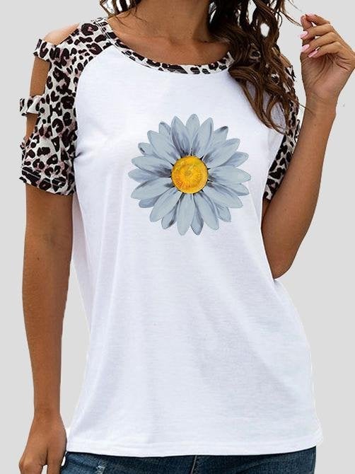 Small Daisy Print Stitching Leopard Print Hollow Short Sleeve T-Shirt - T-Shirts - INS | Online Fashion Free Shipping Clothing, Dresses, Tops, Shoes - 03/07/2021 - 10-20 - Category_T-Shirts