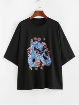 Snake Flower Print Drop Shoulder Oversized T-shirt - INS | Online Fashion Free Shipping Clothing, Dresses, Tops, Shoes