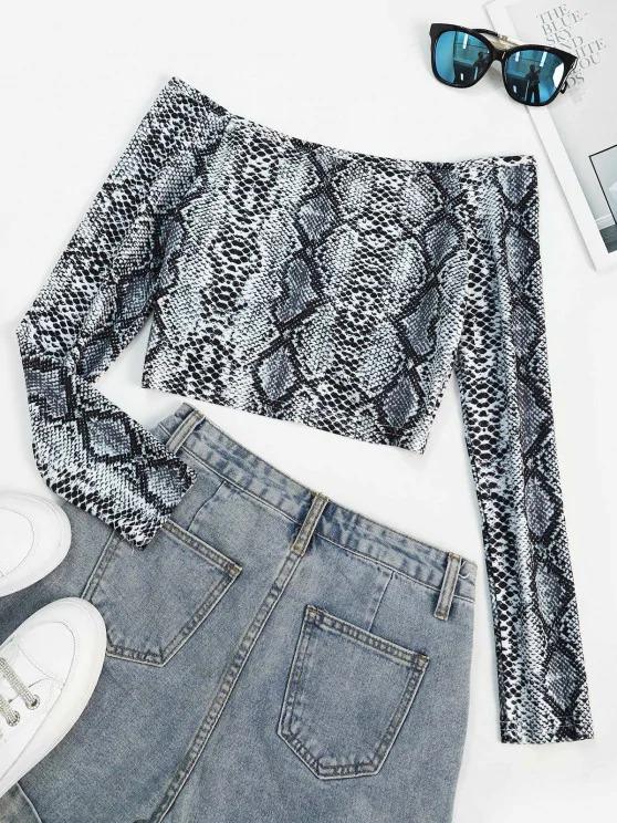 Snake Print Off Shoulder Ruched Crop Tee - INS | Online Fashion Free Shipping Clothing, Dresses, Tops, Shoes