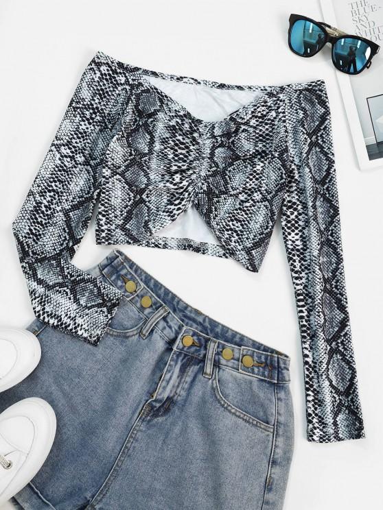 Snake Print Off Shoulder Ruched Crop Tee - INS | Online Fashion Free Shipping Clothing, Dresses, Tops, Shoes