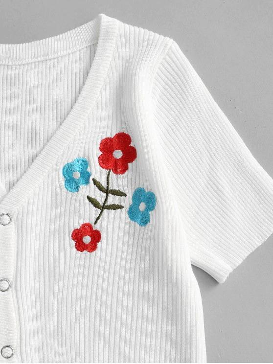 Snap Button Floral Embroidered Knitted Tee - INS | Online Fashion Free Shipping Clothing, Dresses, Tops, Shoes