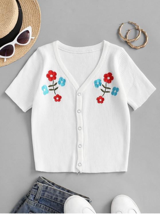 Snap Button Floral Embroidered Knitted Tee - INS | Online Fashion Free Shipping Clothing, Dresses, Tops, Shoes