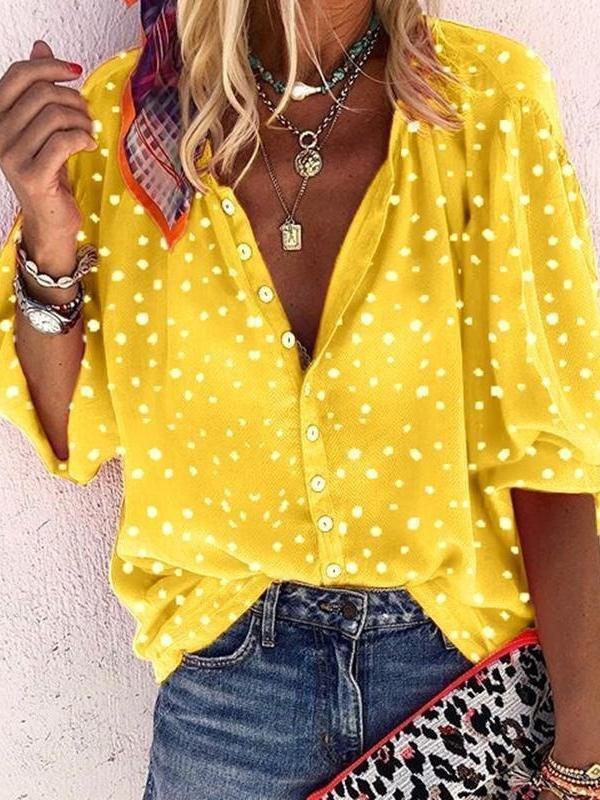 Snowflake Print Long Sleeve V Neck Button Blouse - Blouses - INS | Online Fashion Free Shipping Clothing, Dresses, Tops, Shoes - 22/04/2021 - BLO210422230 - Catagory_Blouses