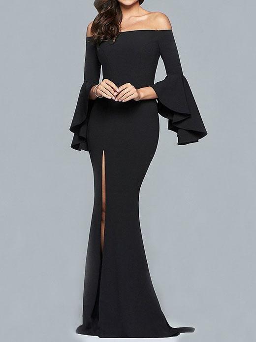 Solid 3/4 Sleeve One-shoulder Gown - Maxi Dresses - INS | Online Fashion Free Shipping Clothing, Dresses, Tops, Shoes - 20-30 - 26/07/2021 - color-black