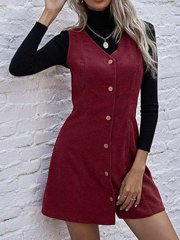 Solid Button Through Corduroy Overall Dress - Dresses - INS | Online Fashion Free Shipping Clothing, Dresses, Tops, Shoes - 02/02/2021 - Autumn - Brown