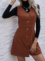 Solid Button Through Corduroy Overall Dress - Dresses - INS | Online Fashion Free Shipping Clothing, Dresses, Tops, Shoes - 02/02/2021 - Autumn - Brown