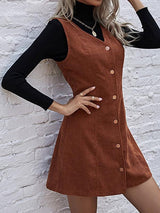 Solid Button Through Corduroy Overall Dress - Dresses - INS | Online Fashion Free Shipping Clothing, Dresses, Tops, Shoes - 02/02/2021 - Autumn - Brown