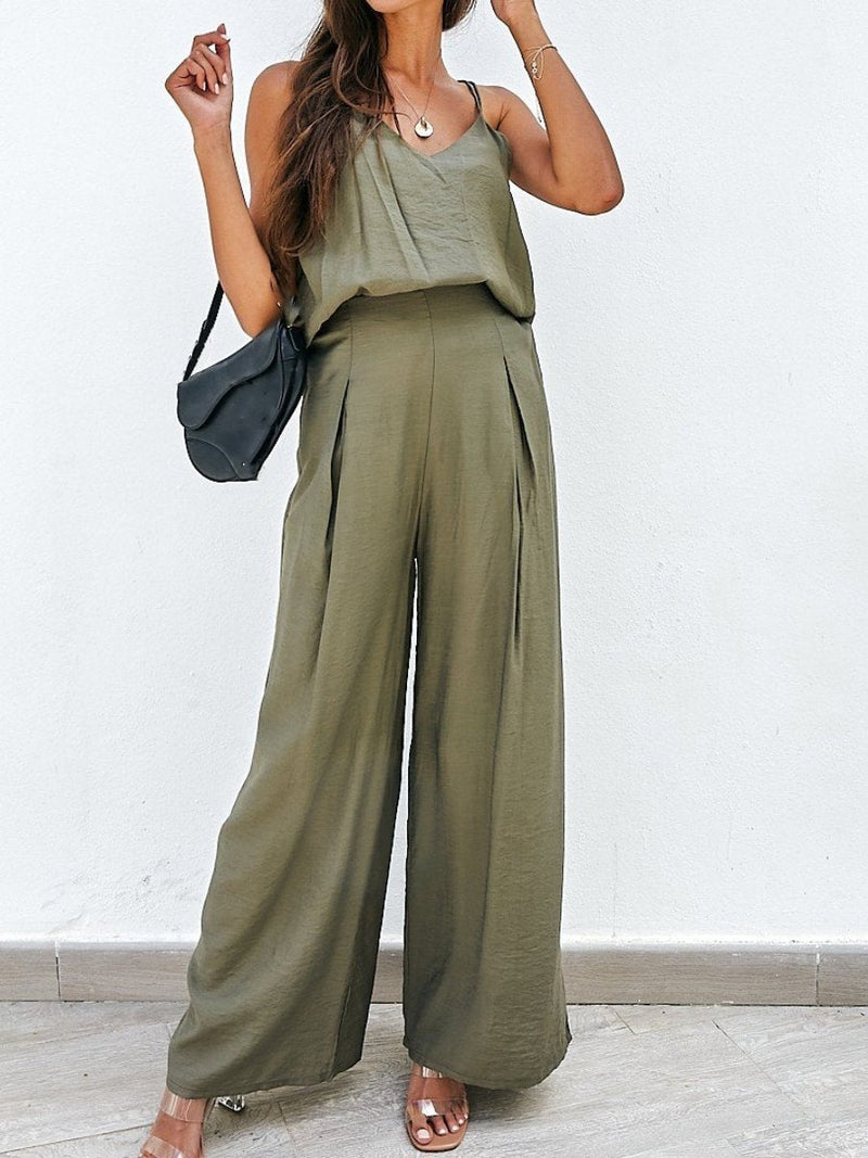 Solid Camisole & Wide Leg Pants Two-piece Suit - Sets - INS | Online Fashion Free Shipping Clothing, Dresses, Tops, Shoes - 23/06/2021 - 30-40 - Bottoms