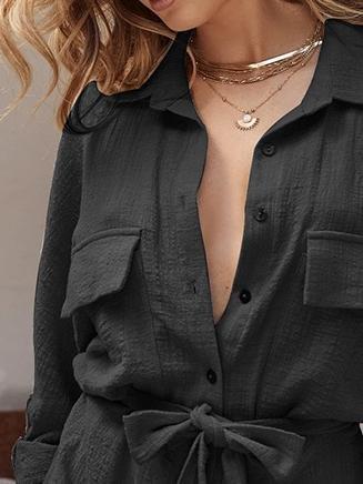 Solid Casual Shirt Long Sleeve Jumpsuit - Jumpsuits & Rompers - INS | Online Fashion Free Shipping Clothing, Dresses, Tops, Shoes - 16/06/2021 - 30-40 - Bottom