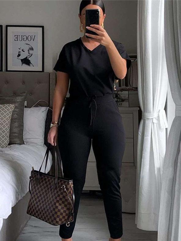 Solid Casual Sports V-neck Two-piece Suit - Sets - INS | Online Fashion Free Shipping Clothing, Dresses, Tops, Shoes - 13/07/2021 - 20-30 - Bottoms