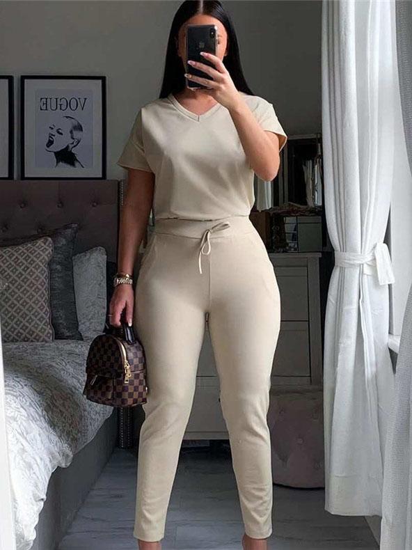 Solid Casual Sports V-neck Two-piece Suit - Sets - INS | Online Fashion Free Shipping Clothing, Dresses, Tops, Shoes - 13/07/2021 - 20-30 - Bottoms