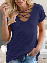 Solid Coilor Cross Neck Short Sleeve T-shirt - T-shirts - INS | Online Fashion Free Shipping Clothing, Dresses, Tops, Shoes - 01/06/2021 - Color_Black - Color_Blue