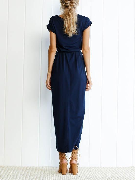 Solid Color Round Neck Split Hem Dress - Maxi Dresses - INS | Online Fashion Free Shipping Clothing, Dresses, Tops, Shoes - 04/06/2021 - Color_Blue - Color_Green