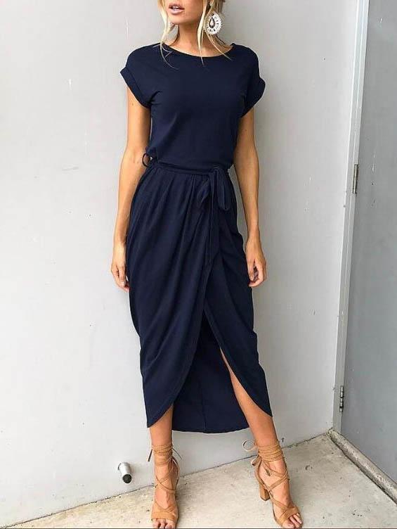 Solid Color Round Neck Split Hem Dress - Maxi Dresses - INS | Online Fashion Free Shipping Clothing, Dresses, Tops, Shoes - 04/06/2021 - Color_Blue - Color_Green