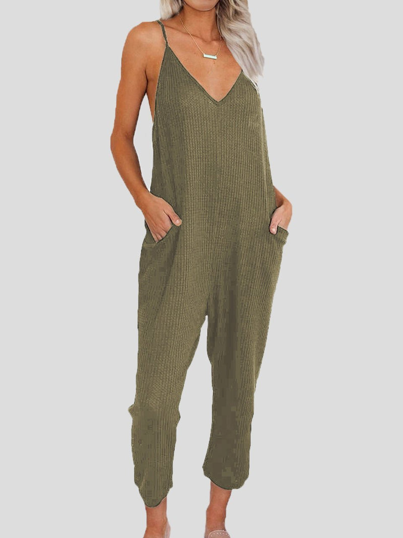 Solid Color V-neck Suspender Jumpsuit - Jumpsuits - INS | Online Fashion Free Shipping Clothing, Dresses, Tops, Shoes - 11/06/2021 - Bottoms - Color_Black