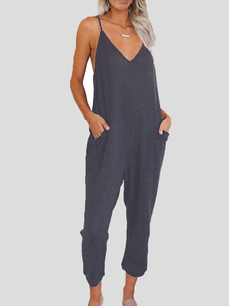 Solid Color V-neck Suspender Jumpsuit - Jumpsuits - INS | Online Fashion Free Shipping Clothing, Dresses, Tops, Shoes - 11/06/2021 - Bottoms - Color_Black