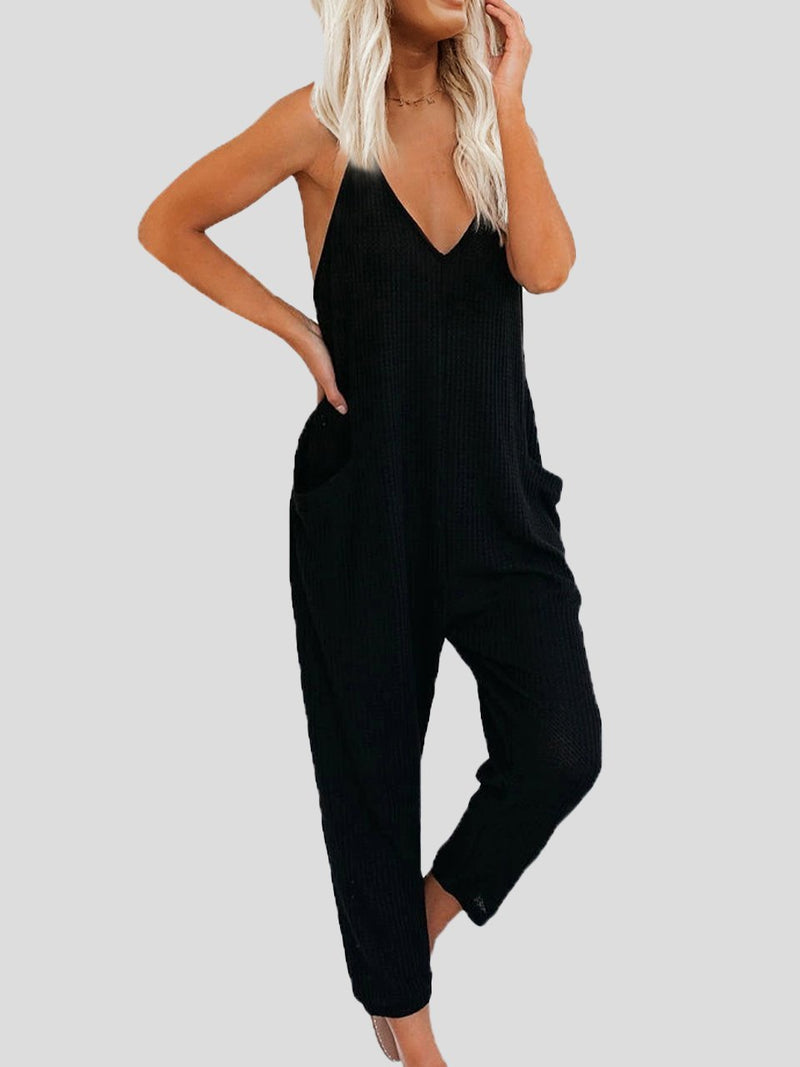 Solid Color V-neck Suspender Jumpsuit - Jumpsuits - INS | Online Fashion Free Shipping Clothing, Dresses, Tops, Shoes - 11/06/2021 - Bottoms - Color_Black