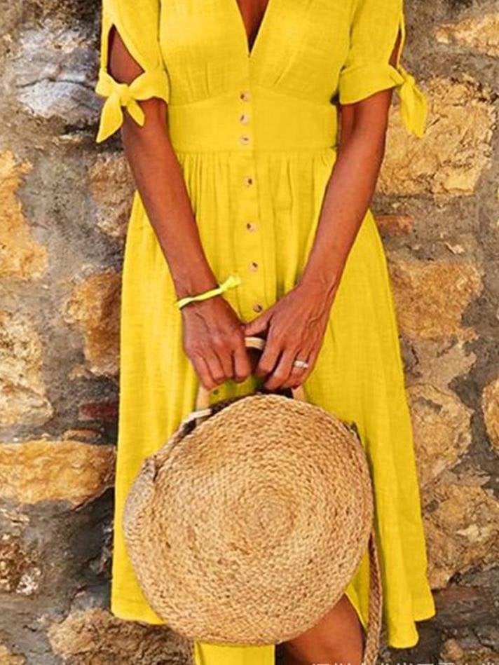 Solid Color V Neck Tie Half Sleeve Casual Dress - Midi Dresses - INS | Online Fashion Free Shipping Clothing, Dresses, Tops, Shoes - 24/05/2021 - Category_Midi Dresses - Color_Blue